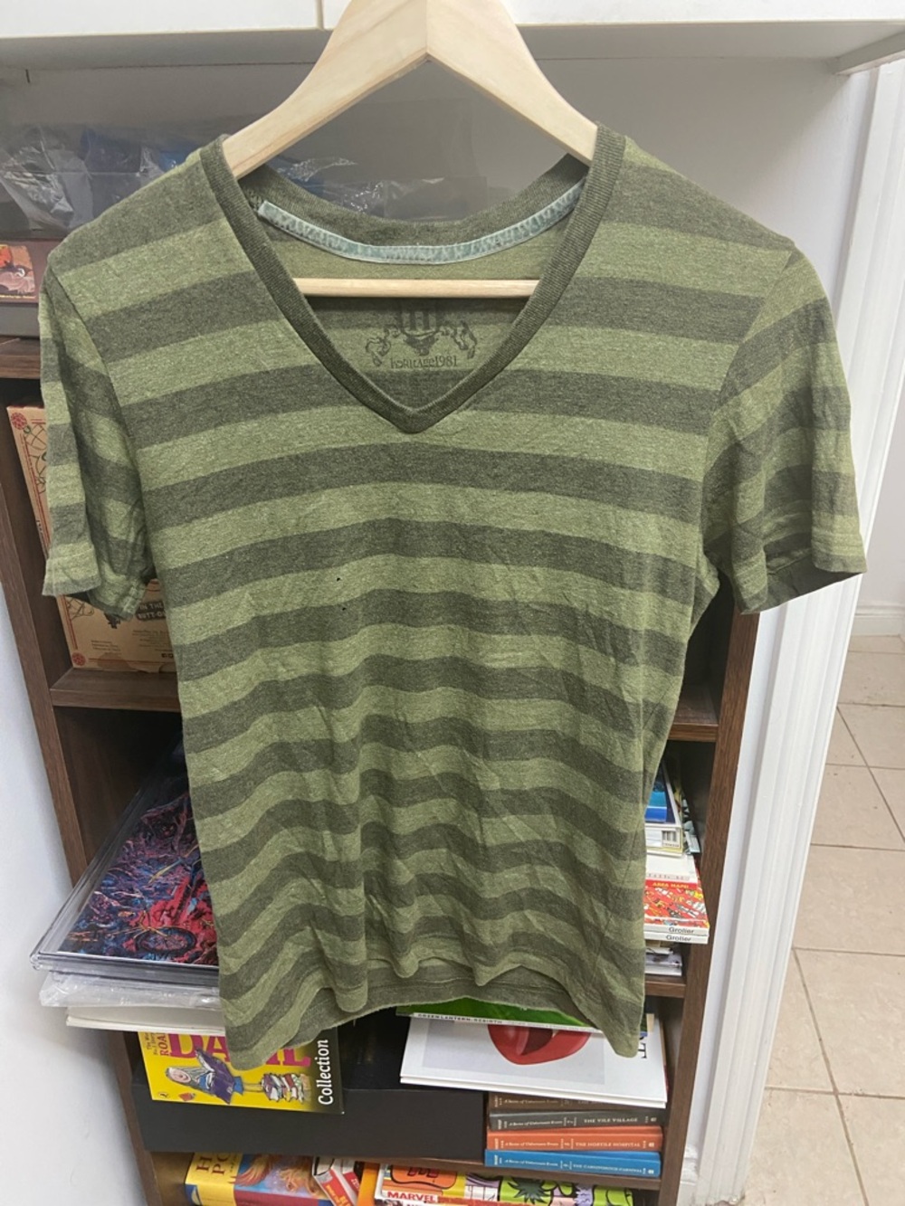 Heritage 1981 Olive Green Striped “Spider-Man Sandman Villain” V-Neck Tee